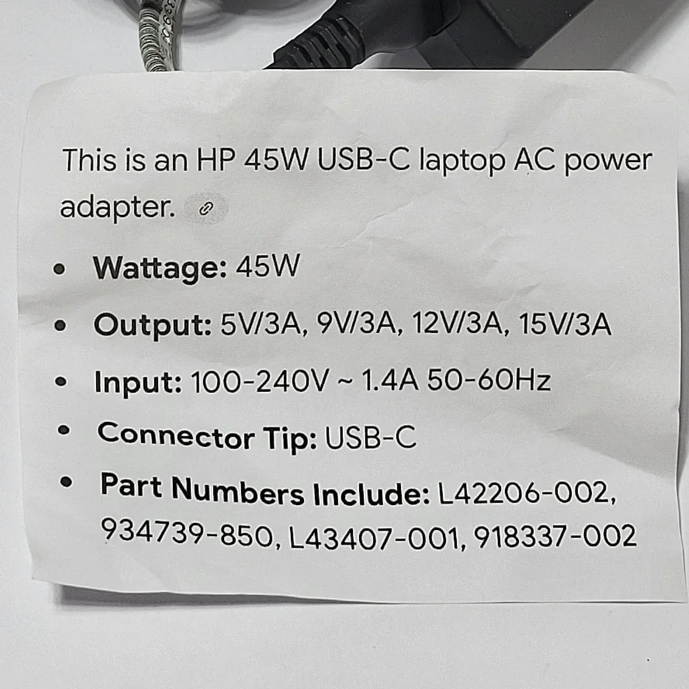 HP 45W USB-C Laptop AC Power Adapter TPN-CA20 L42206-002 L43407-001 Black